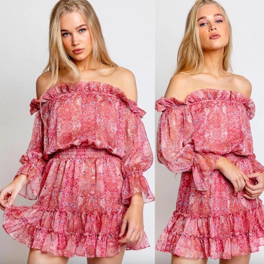MISA Los Angeles Danae Floral Off Shoulder Blouson Mini Dress XS NWT